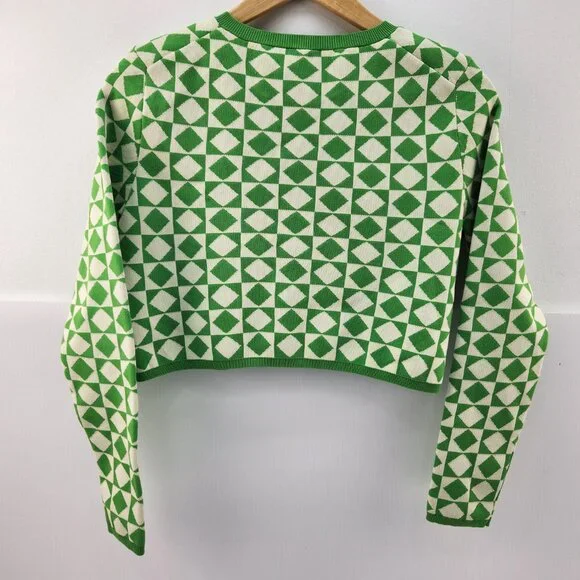 Zara Women's Green and Cream Cardigan, Lime Cream Cropped Button Up Top, Size Sm - Picture 4 of 8